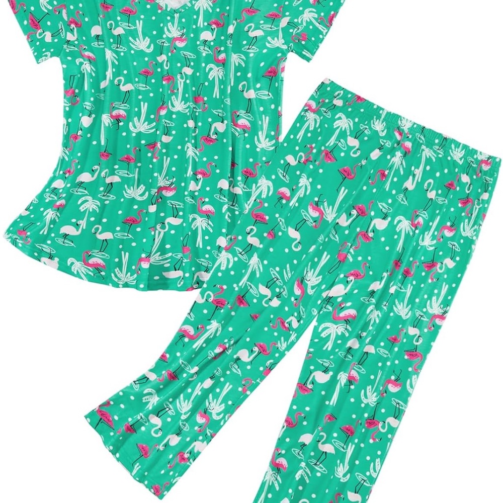 Pink and Green Flamingo Pajamas - short sleeve and crop bottoms